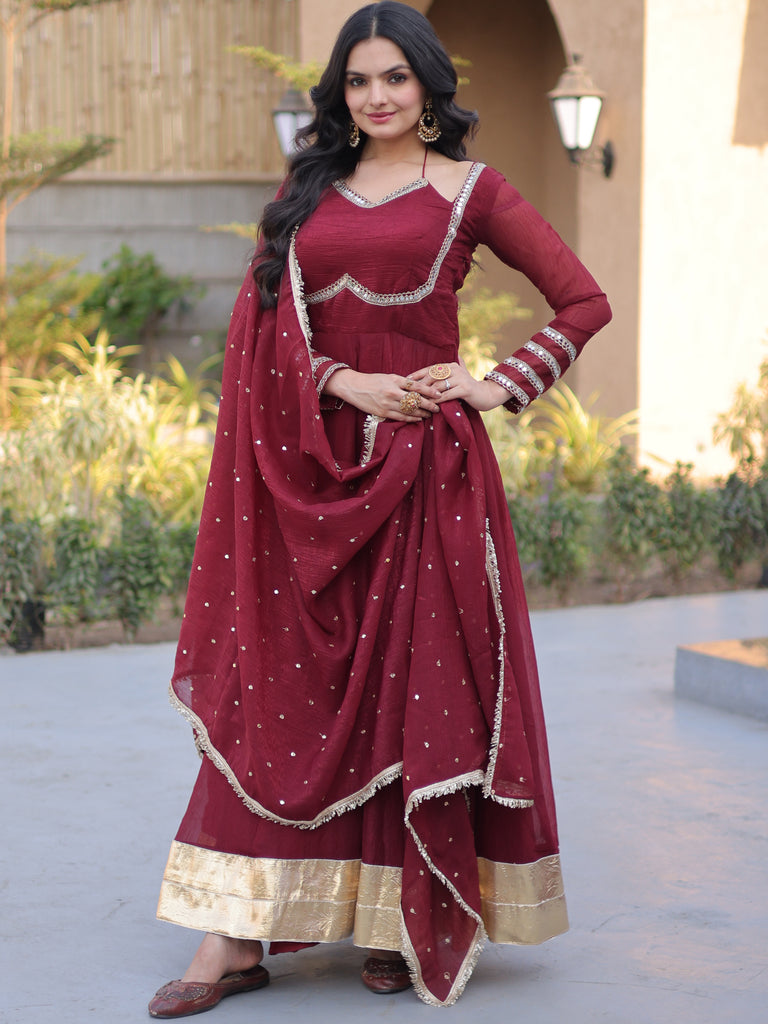 Elegant Maroon Mirror Laced Georgette Wedding Wear Gown With Dupatta