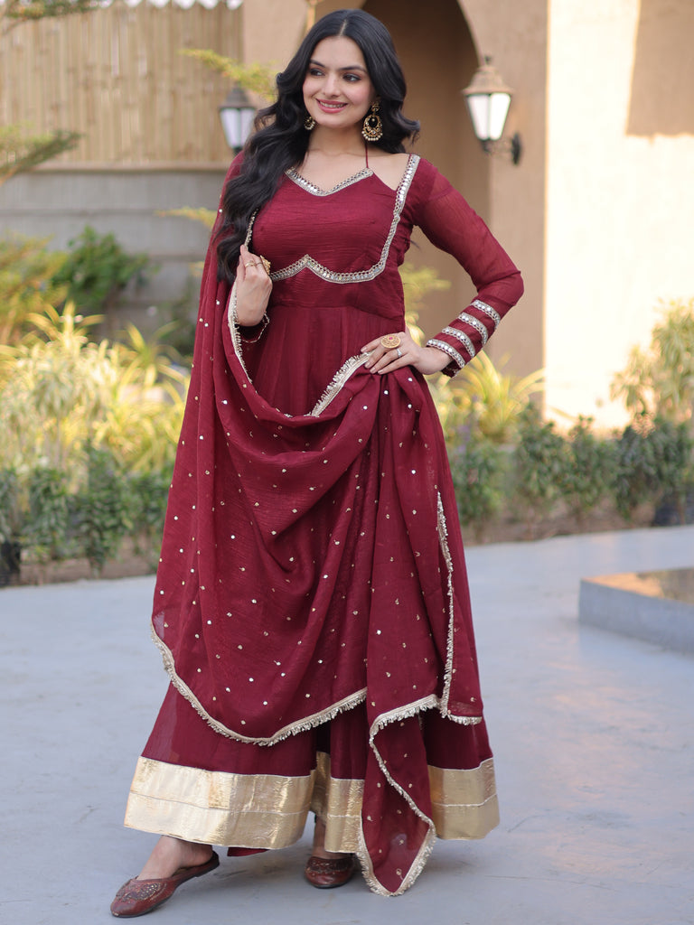 Elegant Maroon Mirror Laced Georgette Wedding Wear Gown With Dupatta