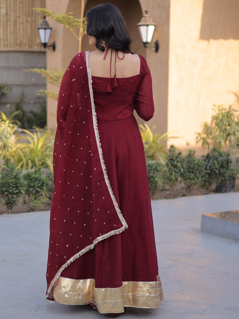 Elegant Maroon Mirror Laced Georgette Wedding Wear Gown With Dupatta
