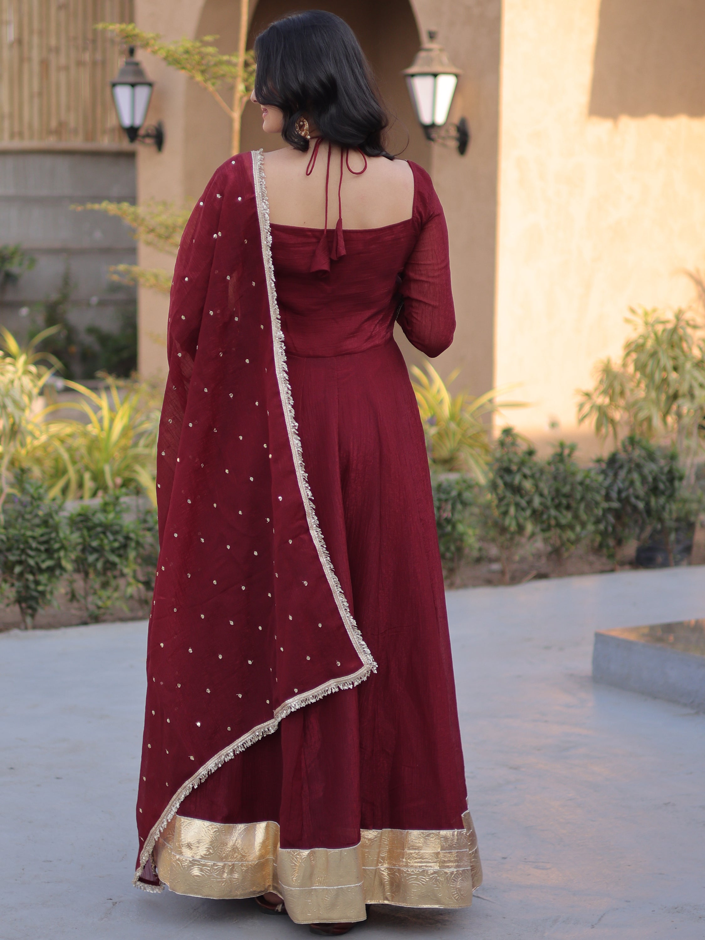 Elegant Maroon Mirror Laced Georgette Wedding Wear Gown With Dupatta