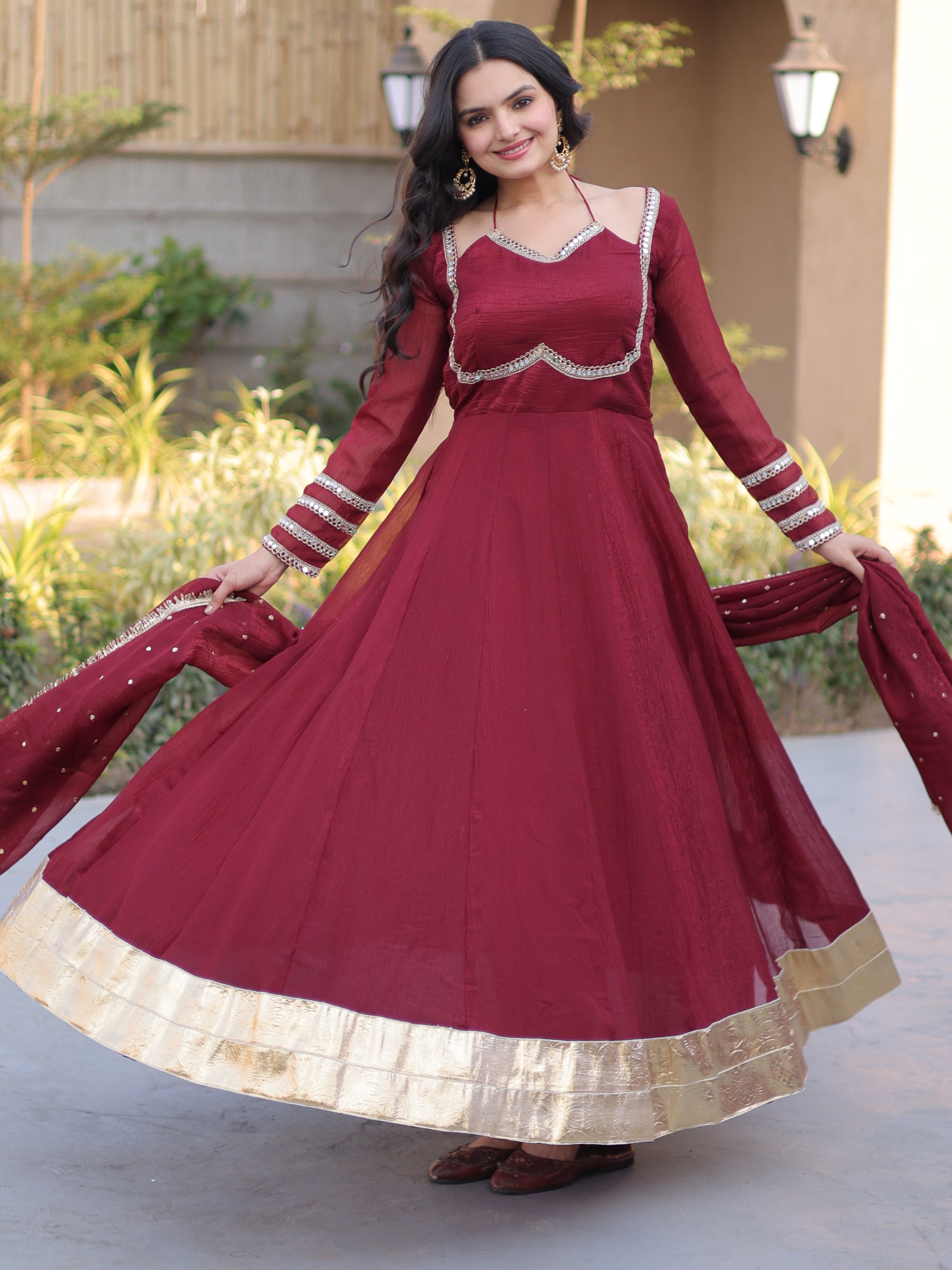 Elegant Maroon Mirror Laced Georgette Wedding Wear Gown With Dupatta
