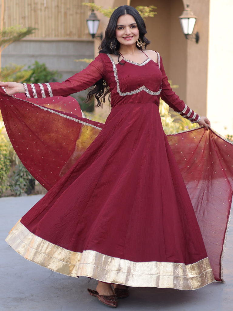Elegant Maroon Mirror Laced Georgette Wedding Wear Gown With Dupatta