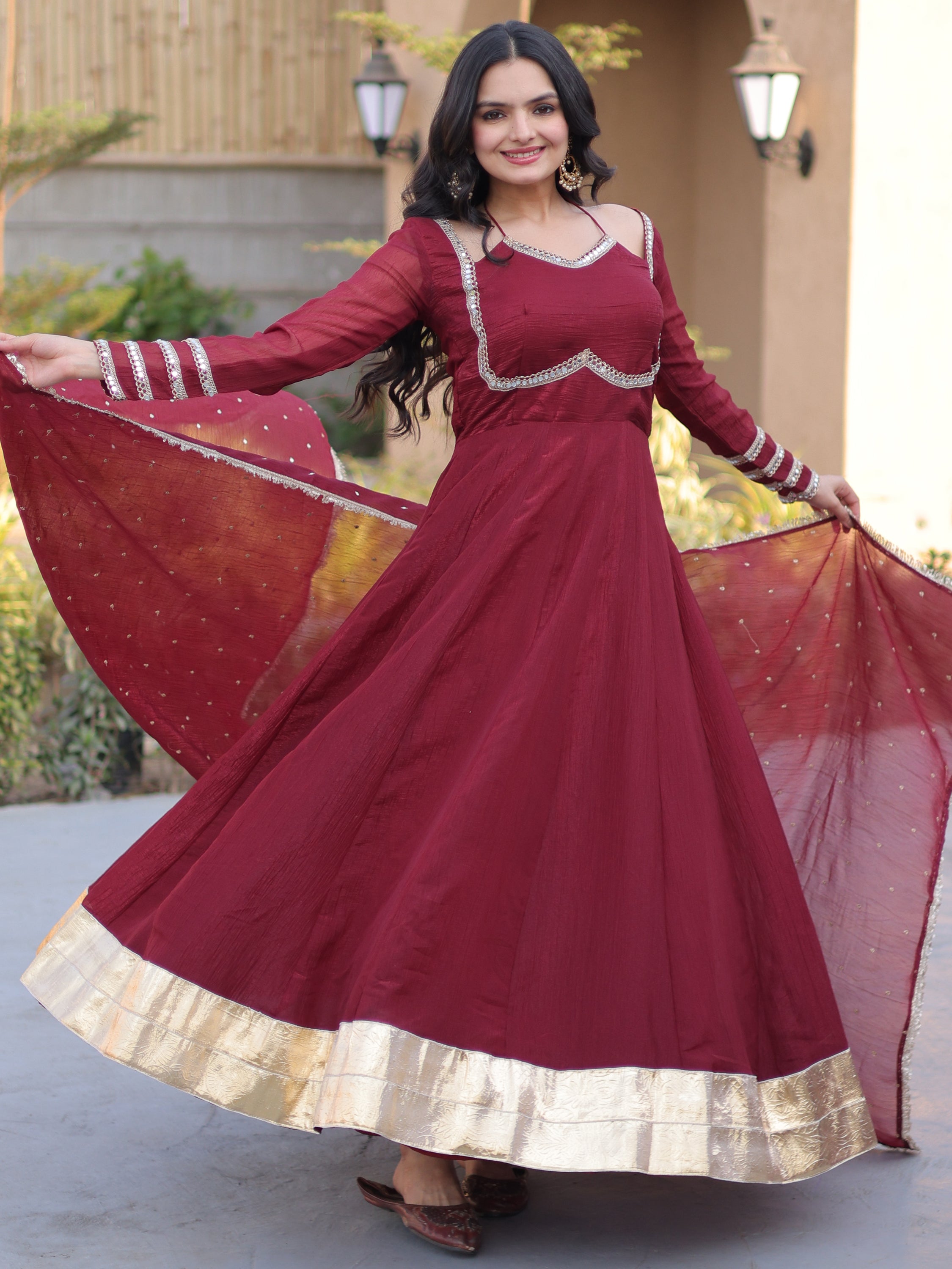 Elegant Maroon Mirror Laced Georgette Wedding Wear Gown With Dupatta