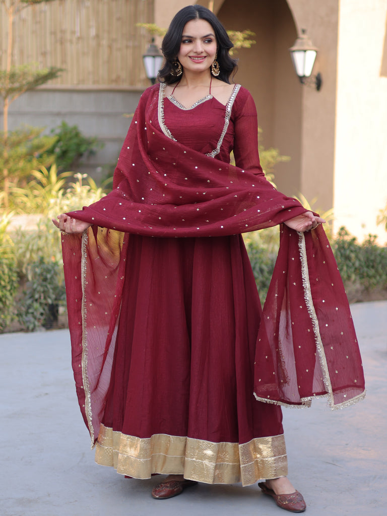 Elegant Maroon Mirror Laced Georgette Wedding Wear Gown With Dupatta