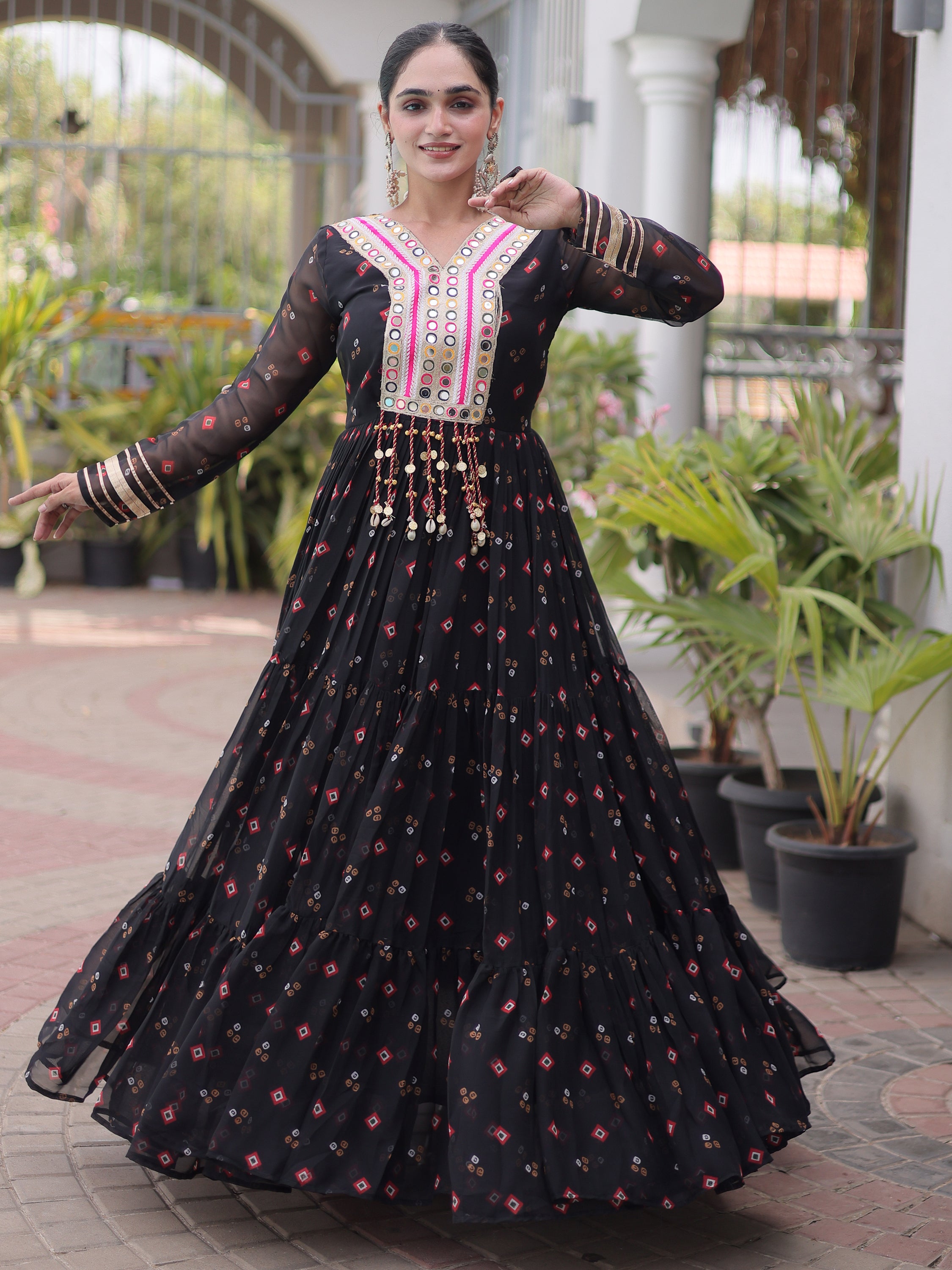 Amazeballs Black Laheriya Printed Georgette Navratri Wear Gown