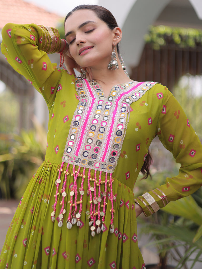 Notable Olive Green Laheriya Printed Georgette Navratri Wear Gown
