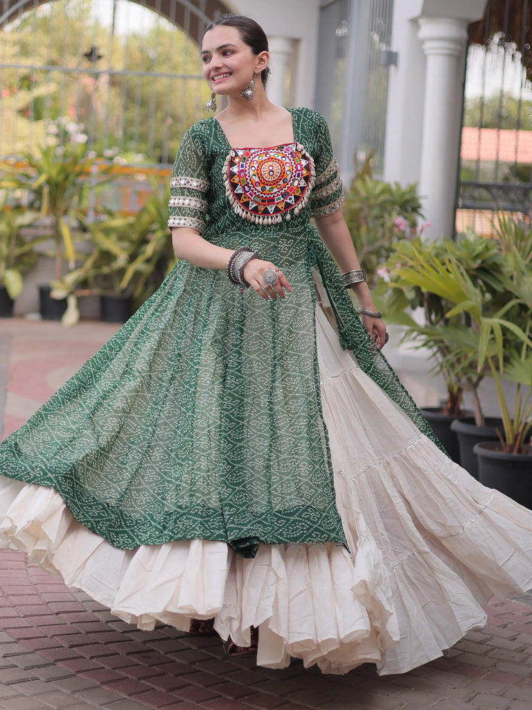 Wonderful Green Bandhani Printed Georgette Navratri Lehenga With Kurti