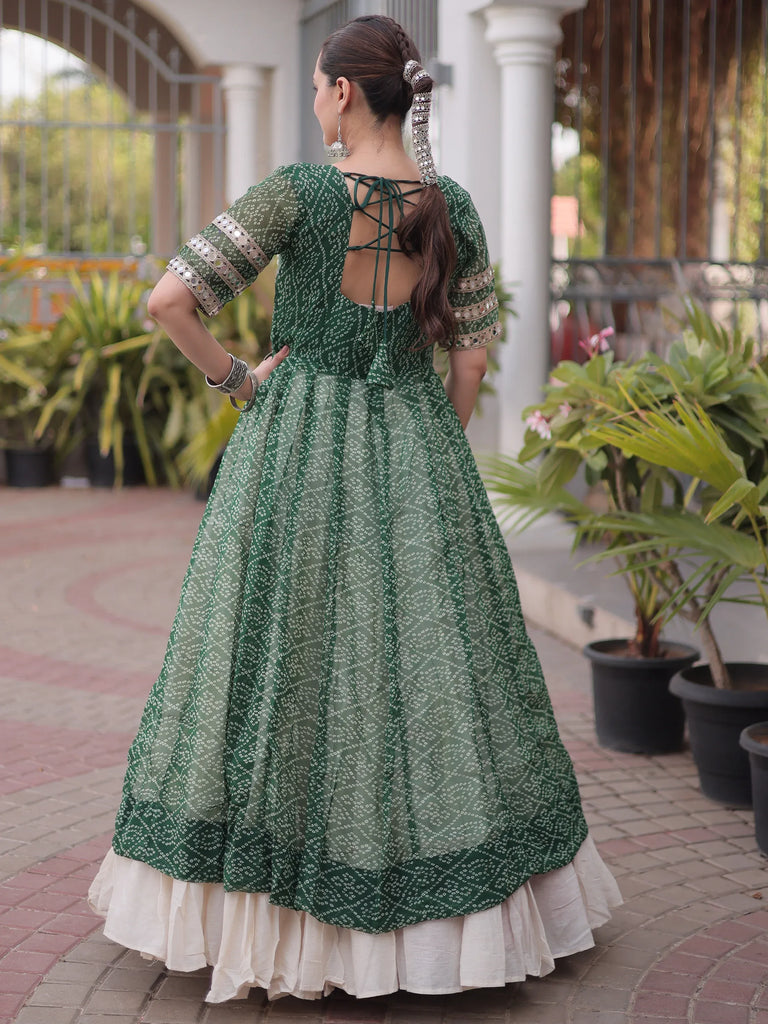 Wonderful Green Bandhani Printed Georgette Navratri Lehenga With Kurti
