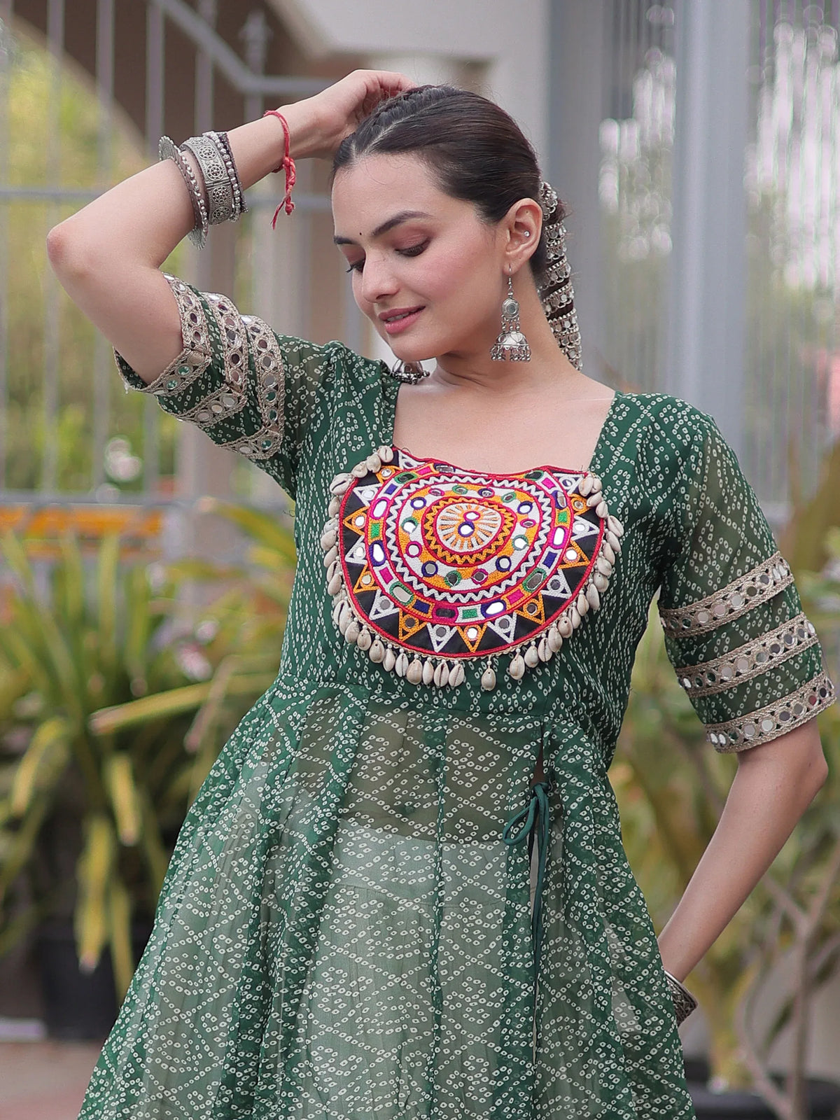 Wonderful Green Bandhani Printed Georgette Navratri Lehenga With Kurti