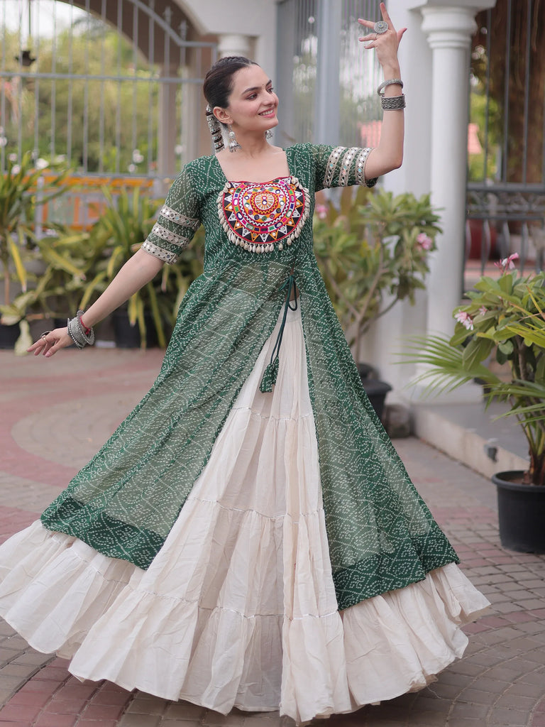 Wonderful Green Bandhani Printed Georgette Navratri Lehenga With Kurti