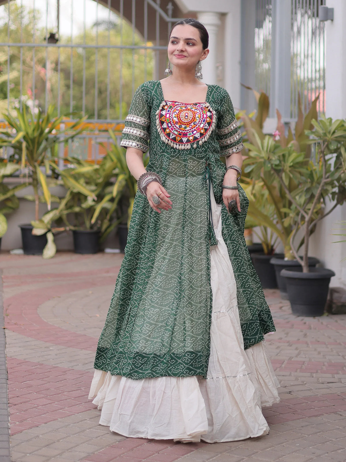 Wonderful Green Bandhani Printed Georgette Navratri Lehenga With Kurti