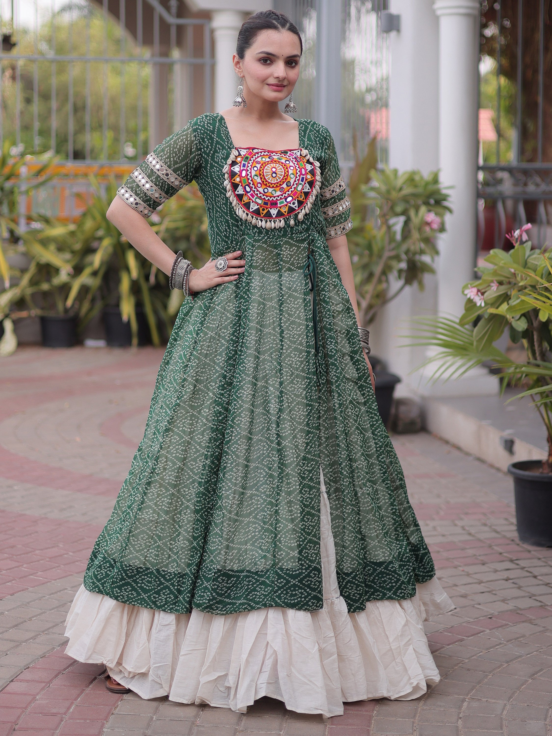 Wonderful Green Bandhani Printed Georgette Navratri Lehenga With Kurti