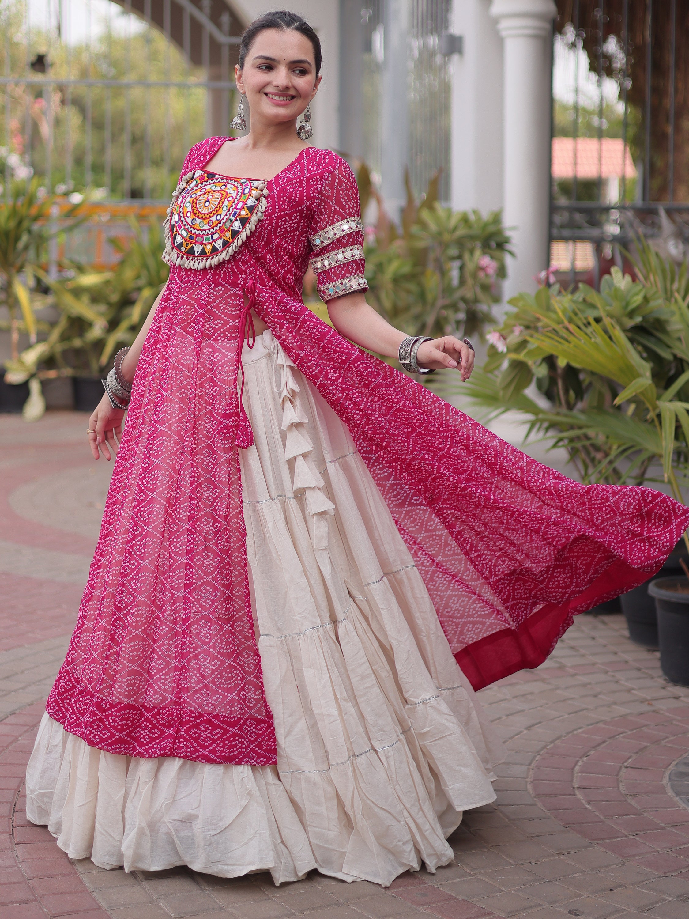 Astonishing Pink Bandhani Printed Navratri Wear Lehenga With Kurti