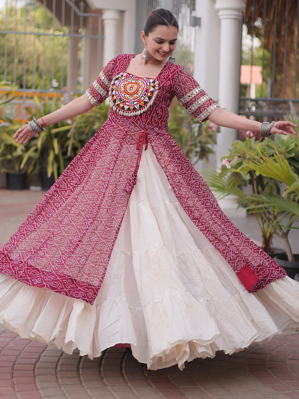 Classic Maroon Patch Work Georgette Navratri Lehenga With Kurti