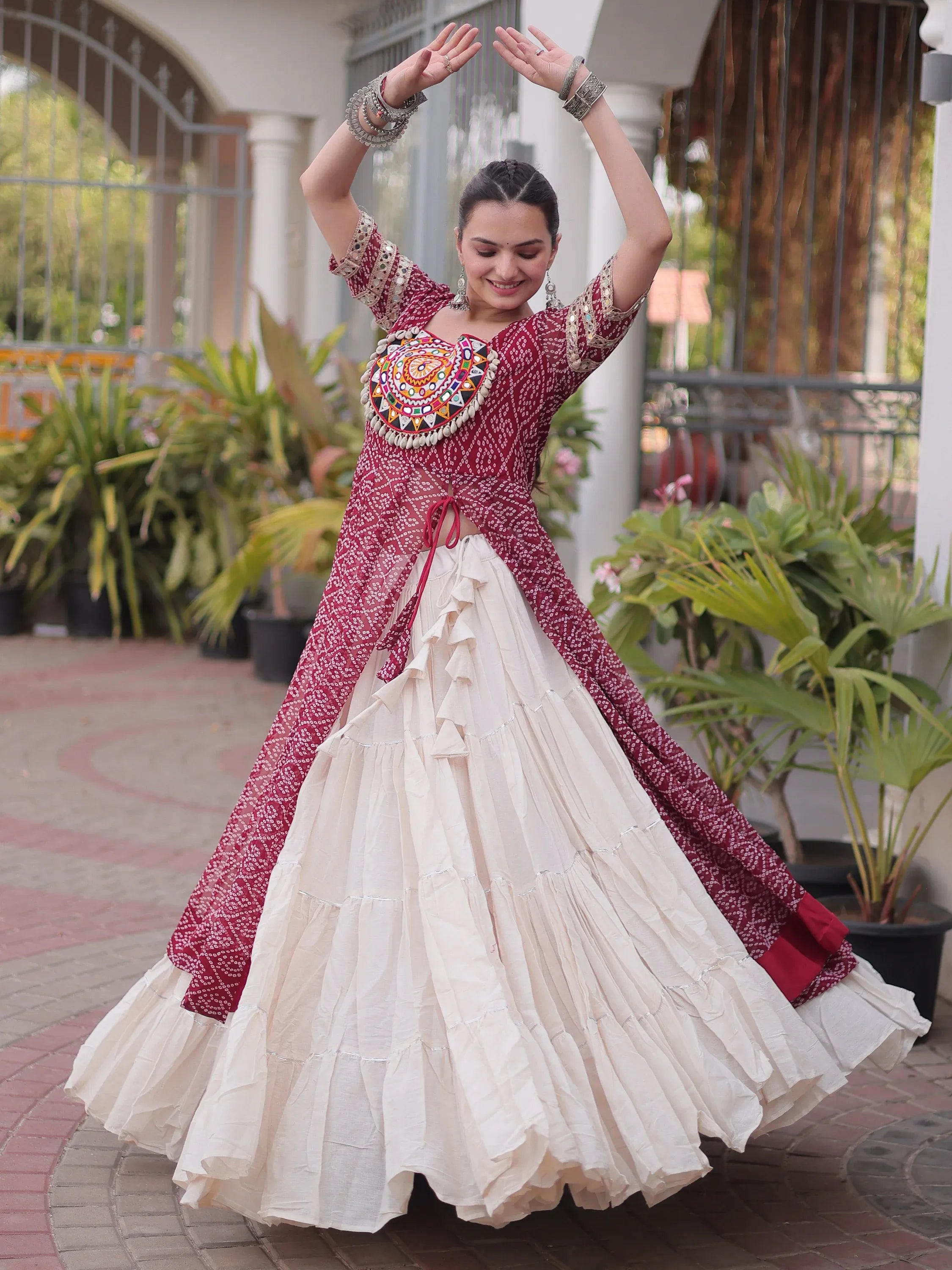 Classic Maroon Patch Work Georgette Navratri Lehenga With Kurti