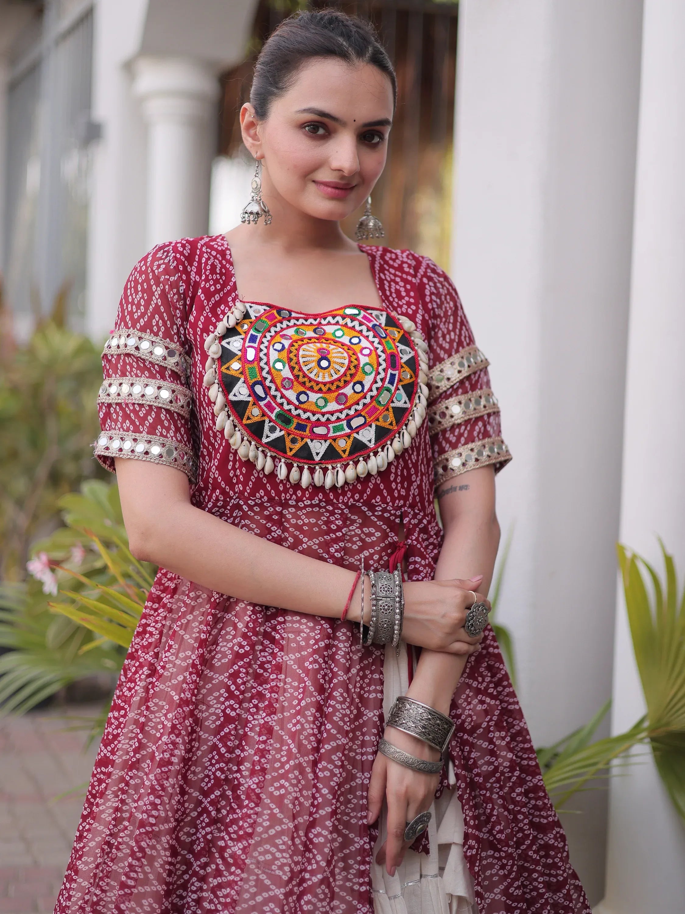Classic Maroon Patch Work Georgette Navratri Lehenga With Kurti