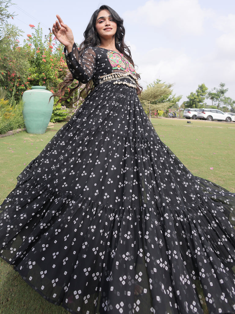 Notable Black Patch Work Georgette Festive Special Gown