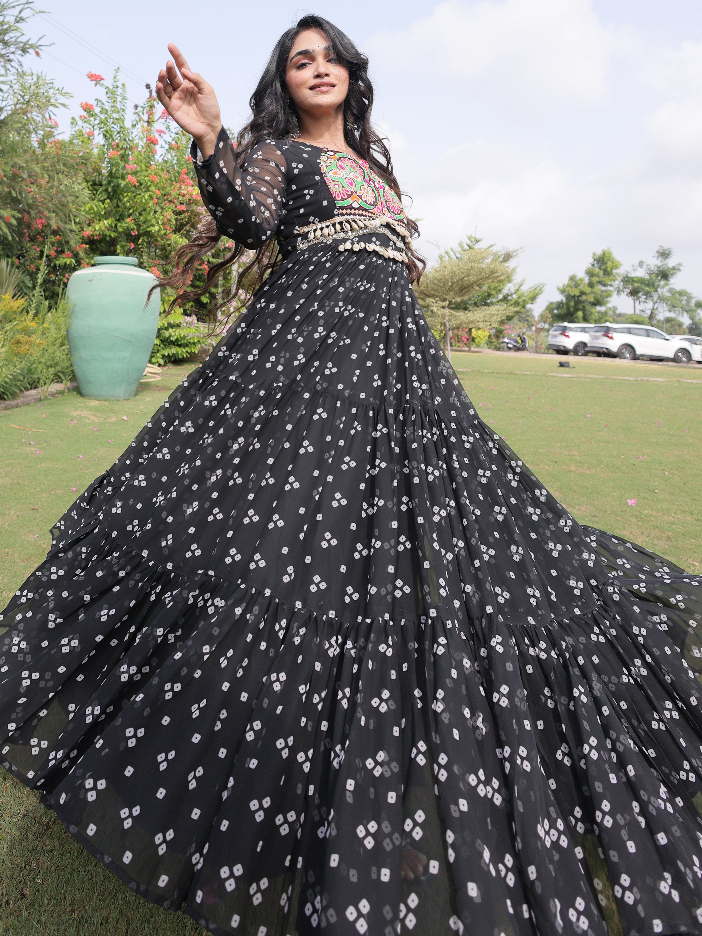 Notable Black Patch Work Georgette Festive Special Gown