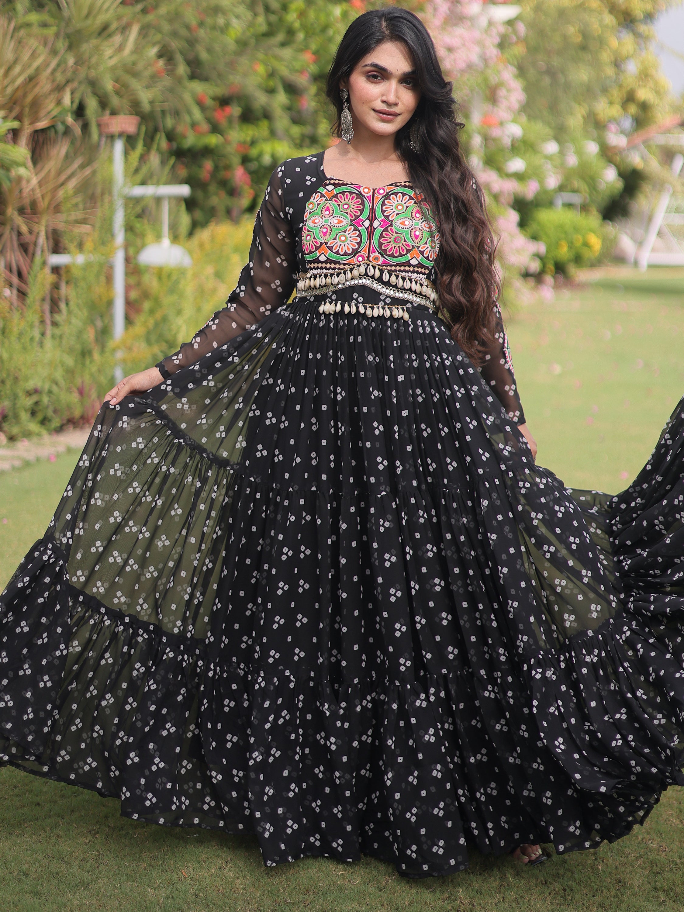 Notable Black Patch Work Georgette Festive Special Gown