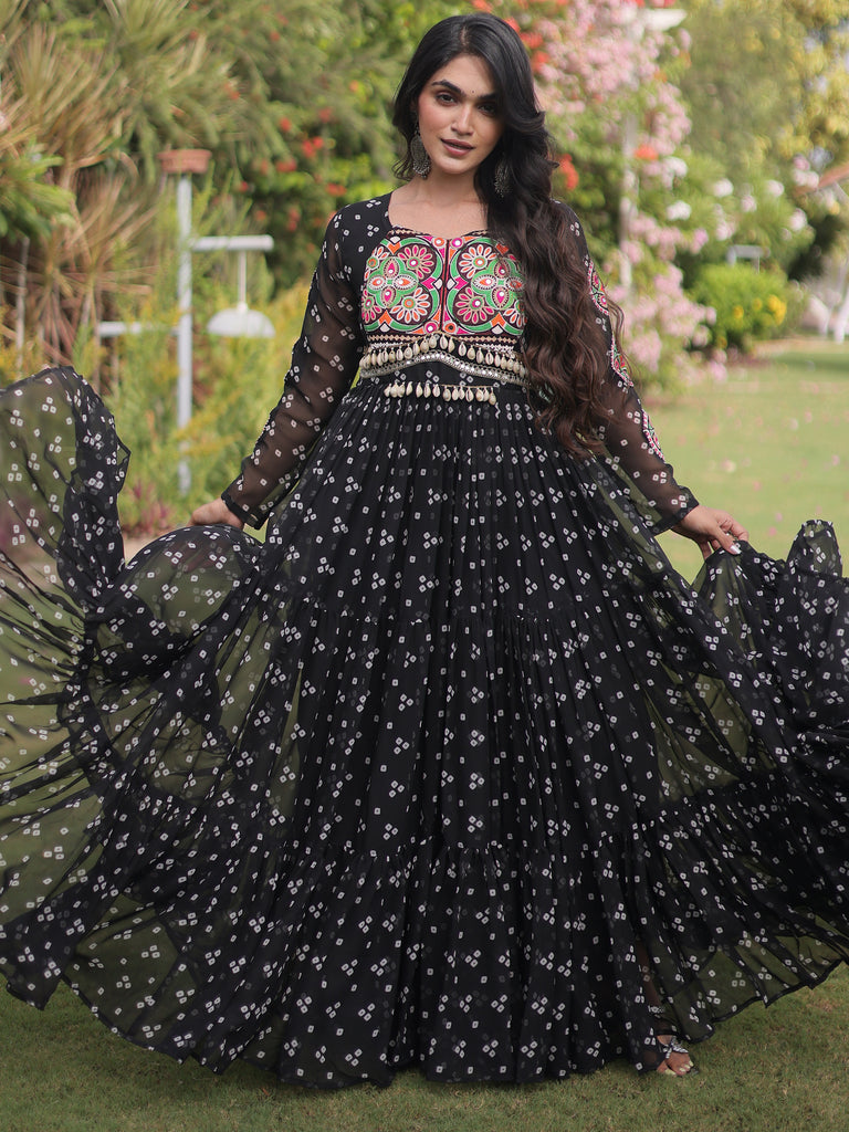 Notable Black Patch Work Georgette Festive Special Gown