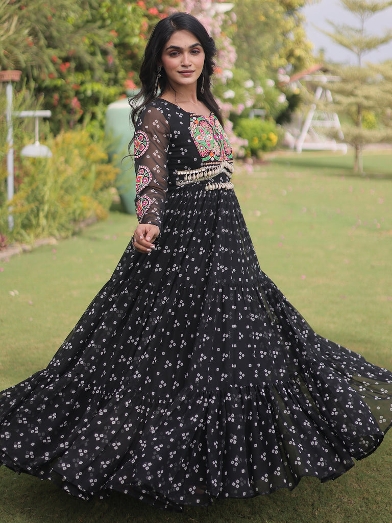 Notable Black Patch Work Georgette Festive Special Gown