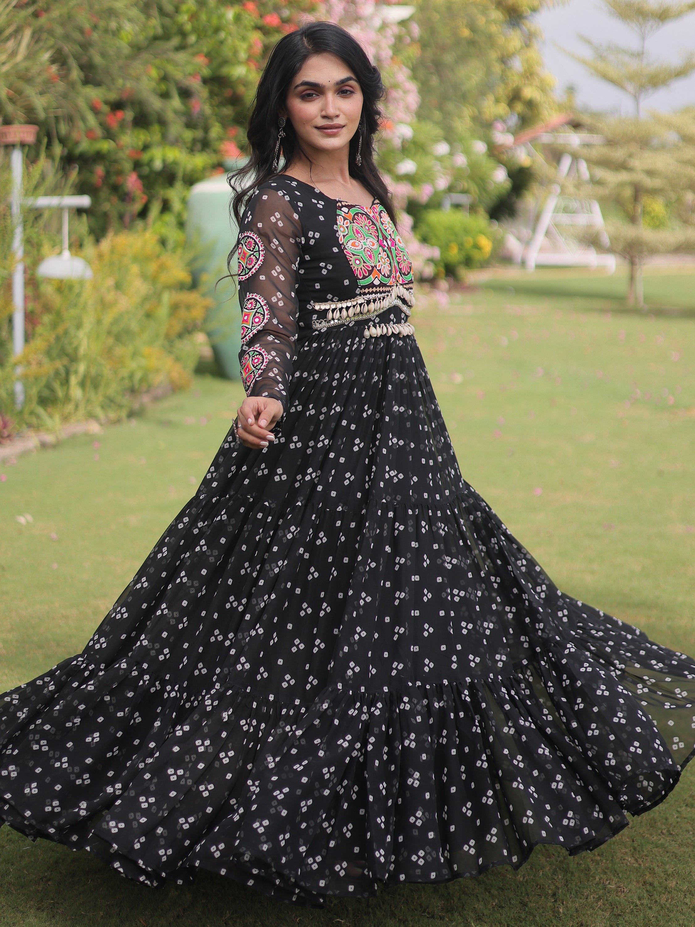 Notable Black Patch Work Georgette Festive Special Gown