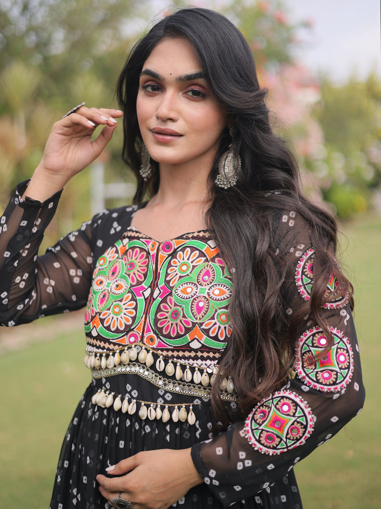 Notable Black Patch Work Georgette Festive Special Gown