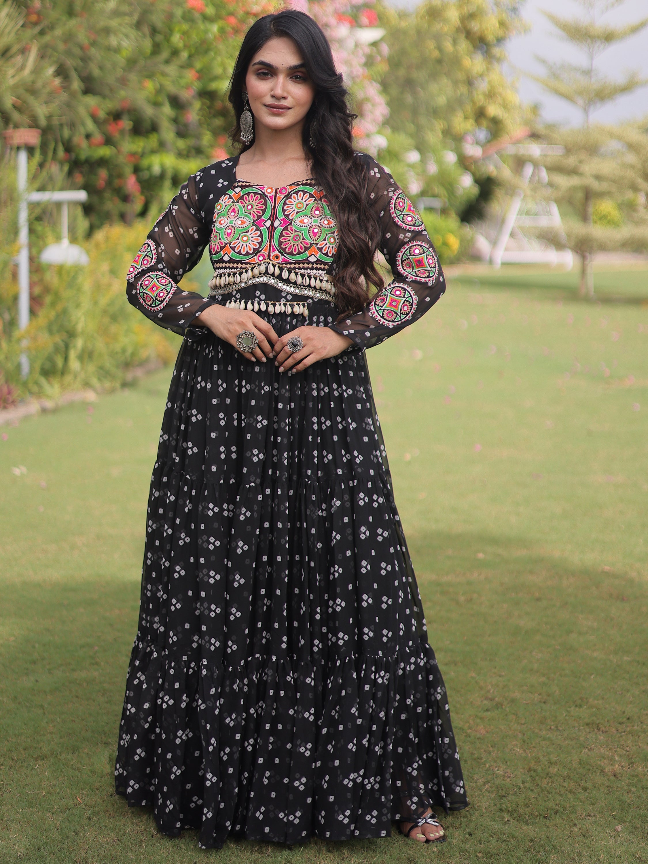 Notable Black Patch Work Georgette Festive Special Gown