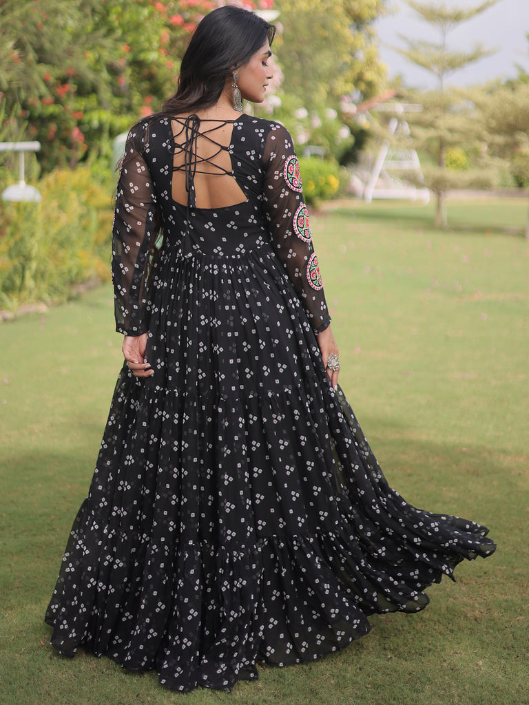 Notable Black Patch Work Georgette Festive Special Gown