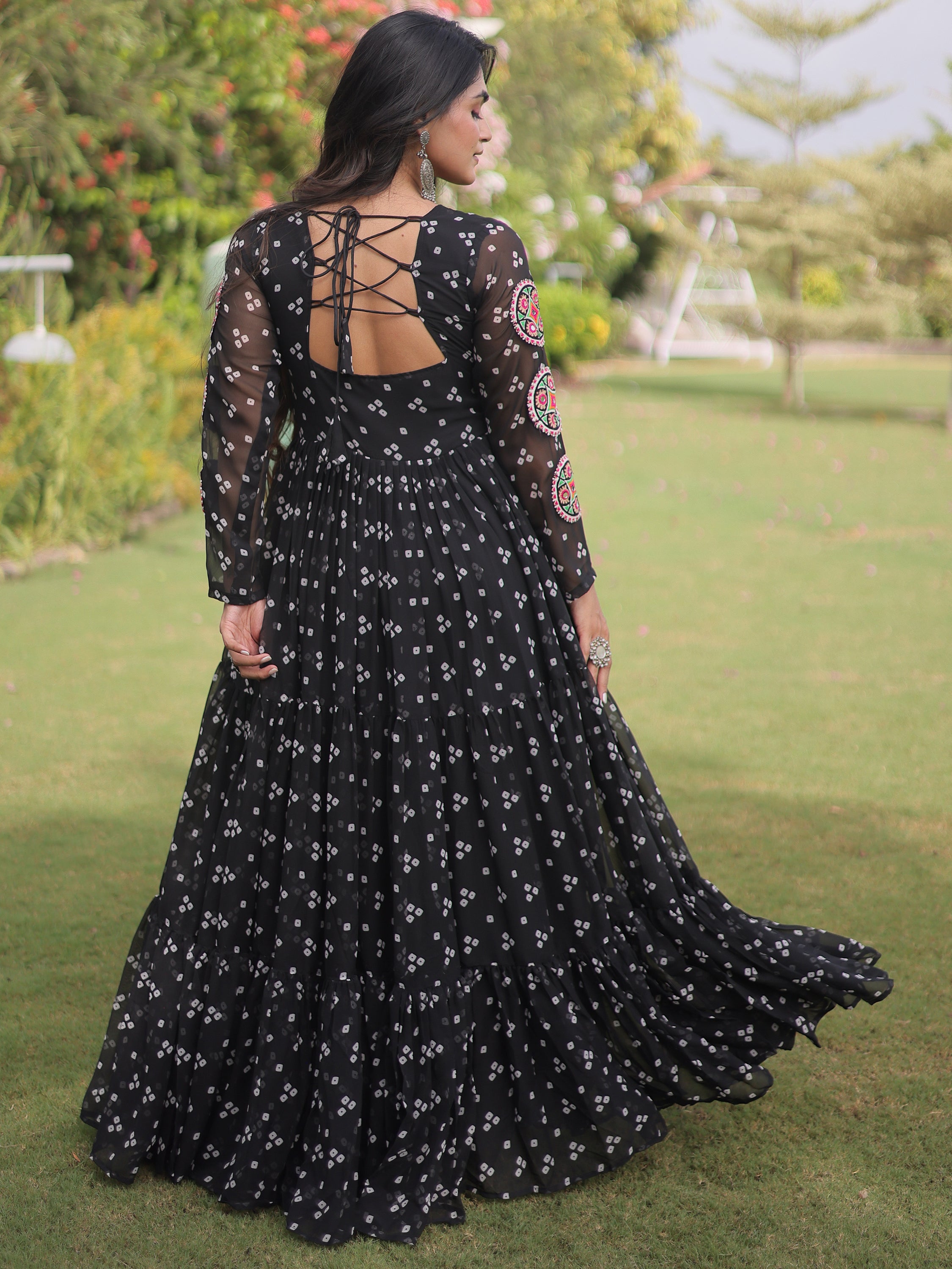 Notable Black Patch Work Georgette Festive Special Gown