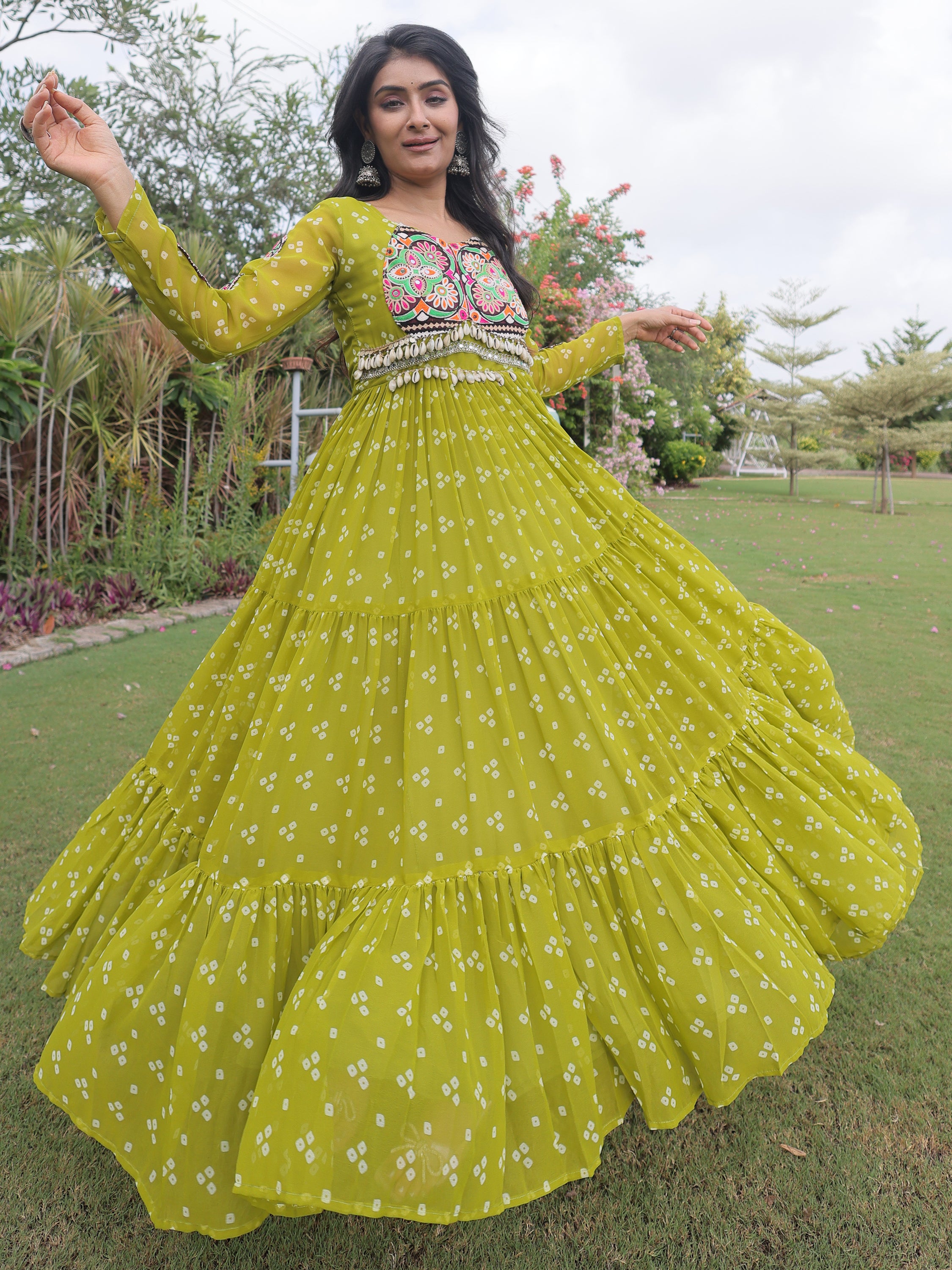 Majestic Green Bandhni Printed Georgette Navratri Special Gown