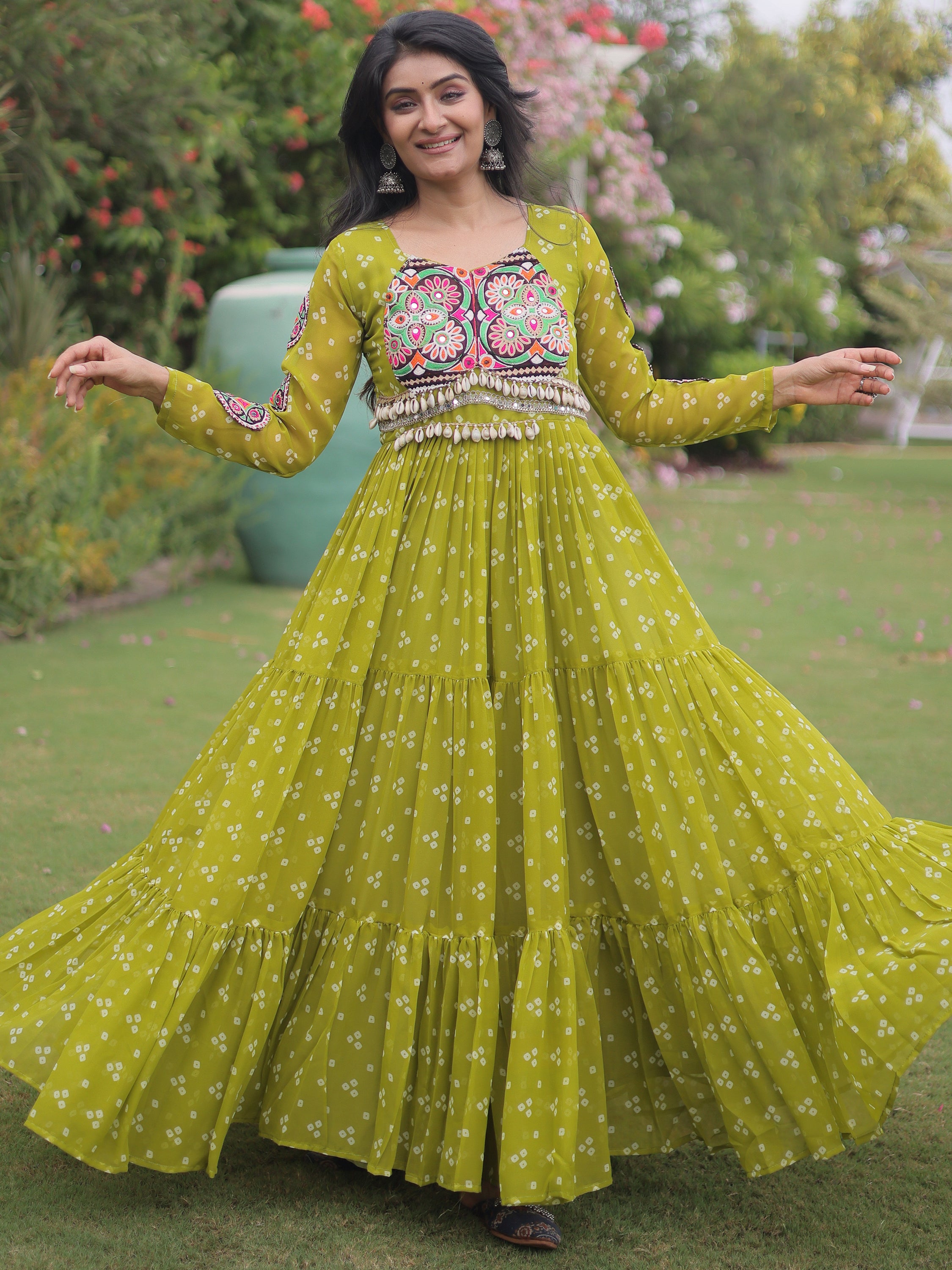 Majestic Green Bandhni Printed Georgette Navratri Special Gown