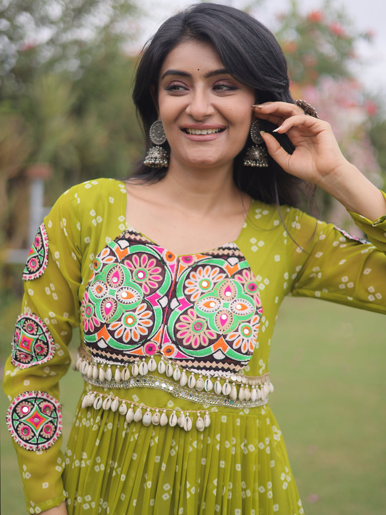 Majestic Green Bandhni Printed Georgette Navratri Special Gown