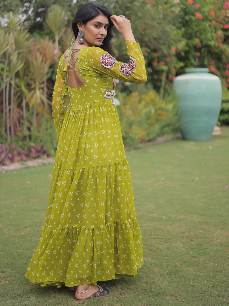 Majestic Green Bandhni Printed Georgette Navratri Special Gown