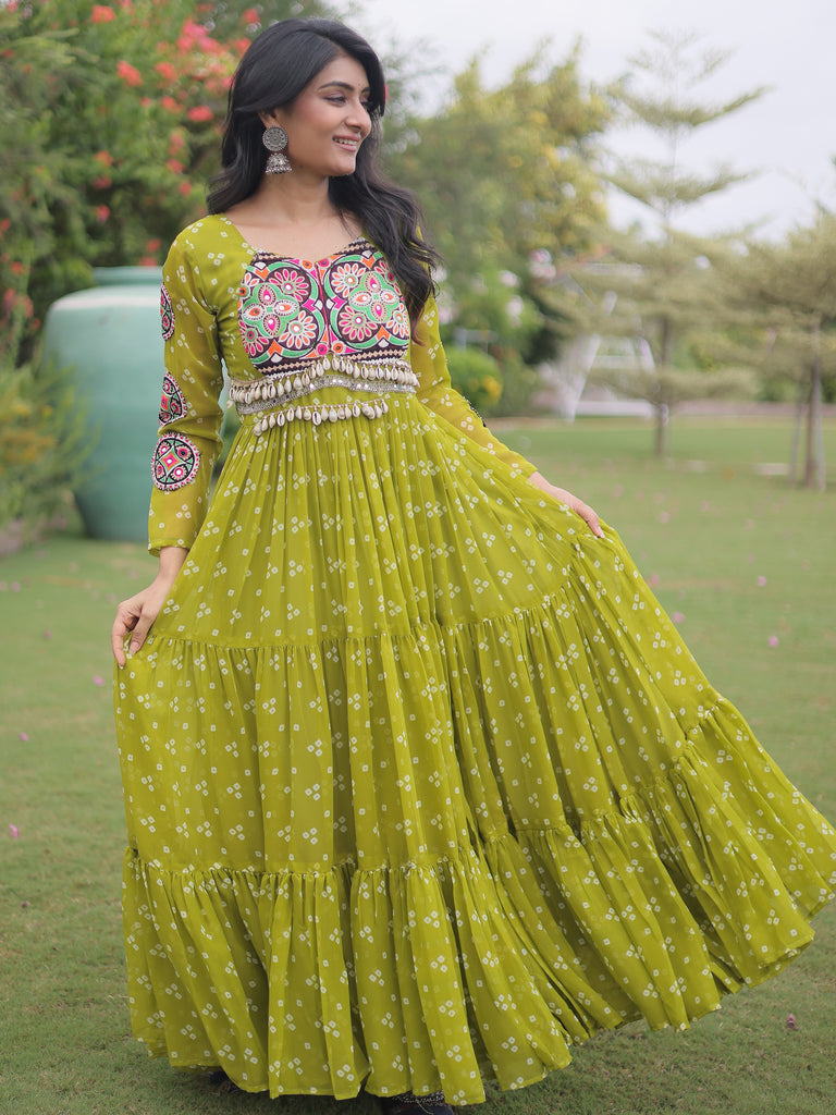 Majestic Green Bandhni Printed Georgette Navratri Special Gown