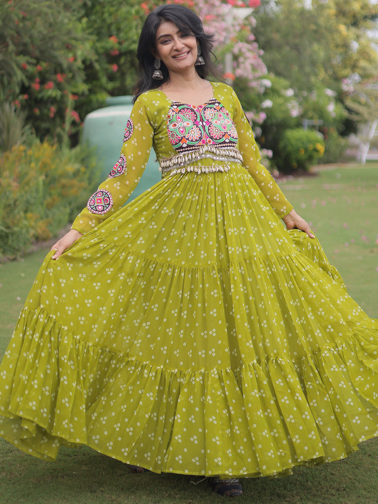 Majestic Green Bandhni Printed Georgette Navratri Special Gown