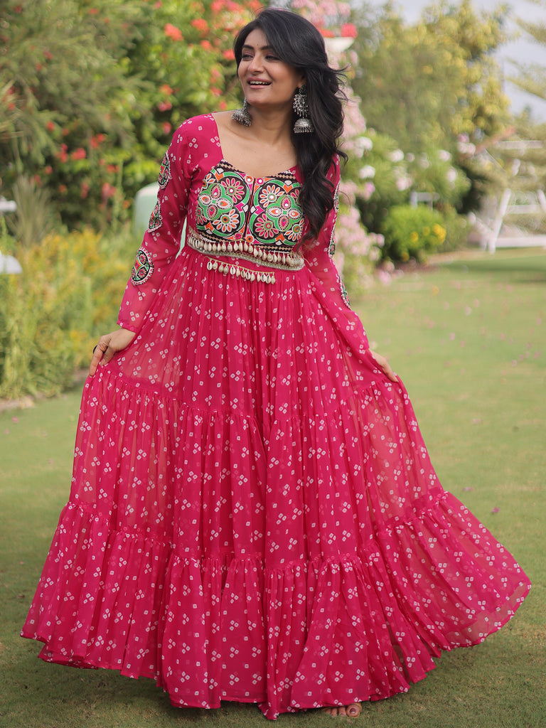 Wonderful Rani Pink Kutchi Work Georgette Navratri Wear Gown