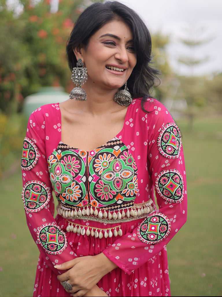 Wonderful Rani Pink Kutchi Work Georgette Navratri Wear Gown