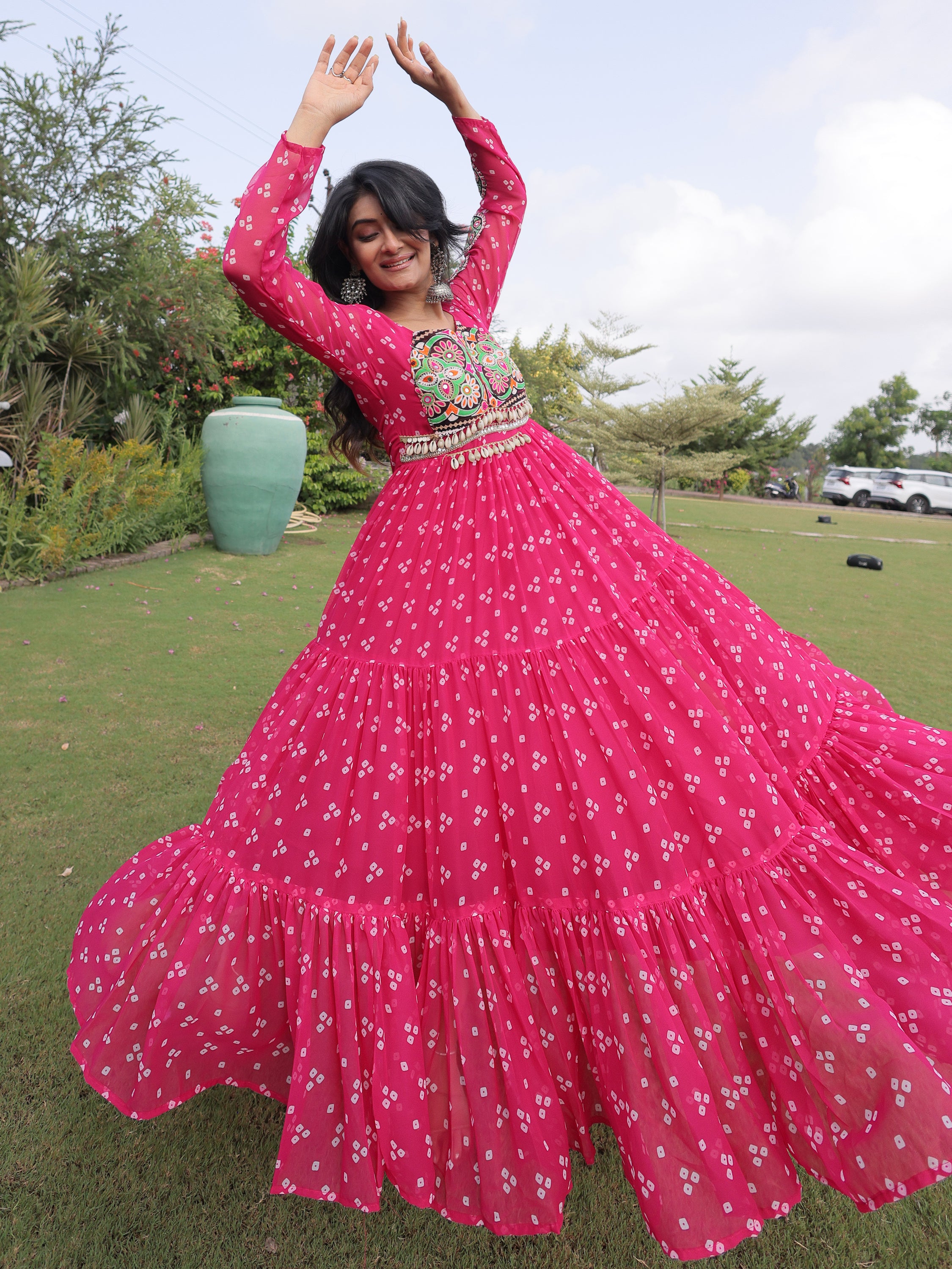 Wonderful Rani Pink Kutchi Work Georgette Navratri Wear Gown