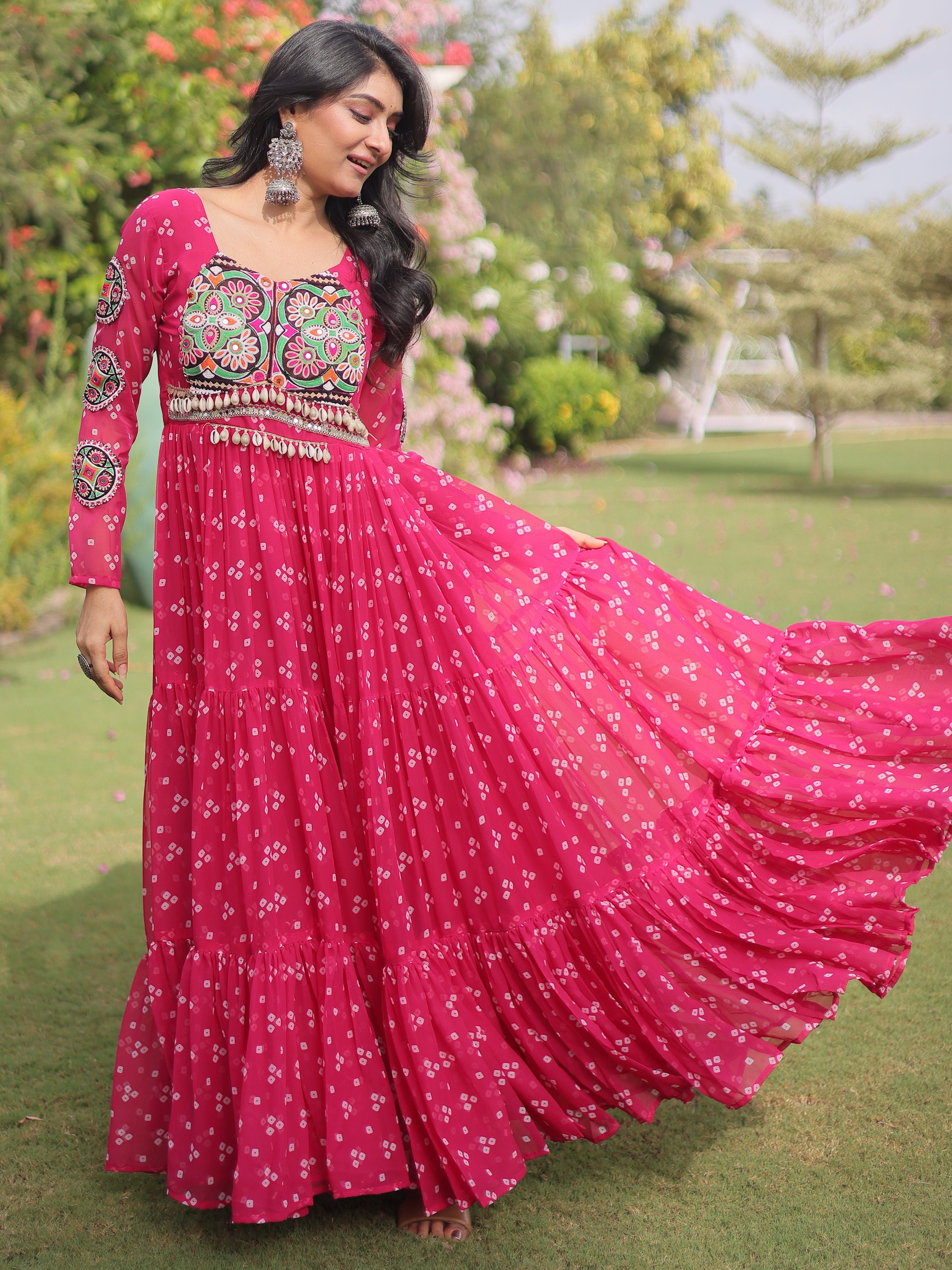 Wonderful Rani Pink Kutchi Work Georgette Navratri Wear Gown