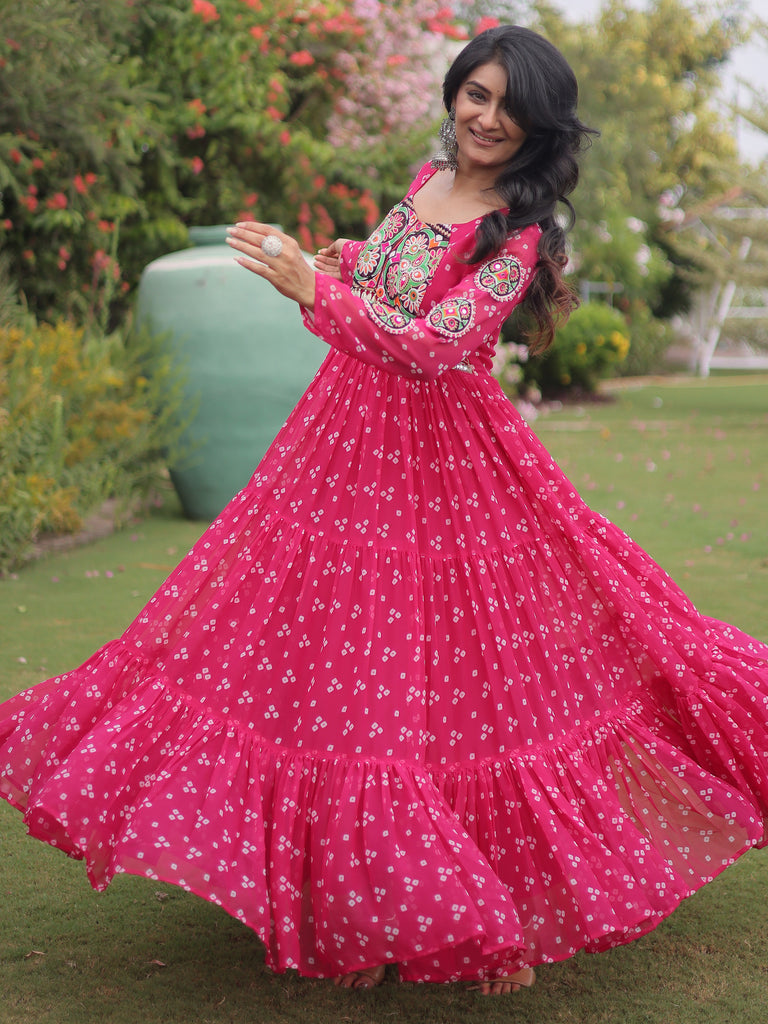 Wonderful Rani Pink Kutchi Work Georgette Navratri Wear Gown