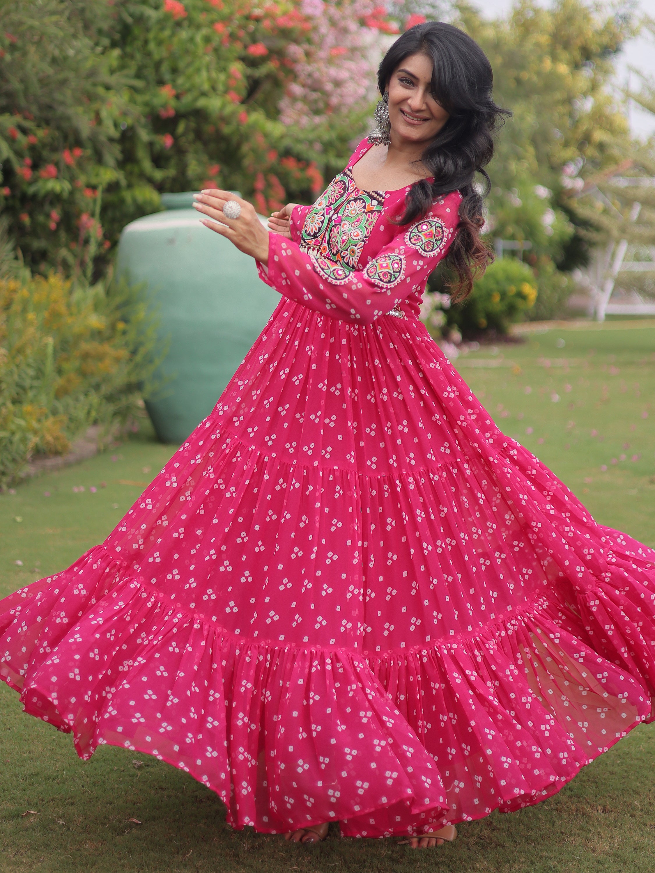 Wonderful Rani Pink Kutchi Work Georgette Navratri Wear Gown