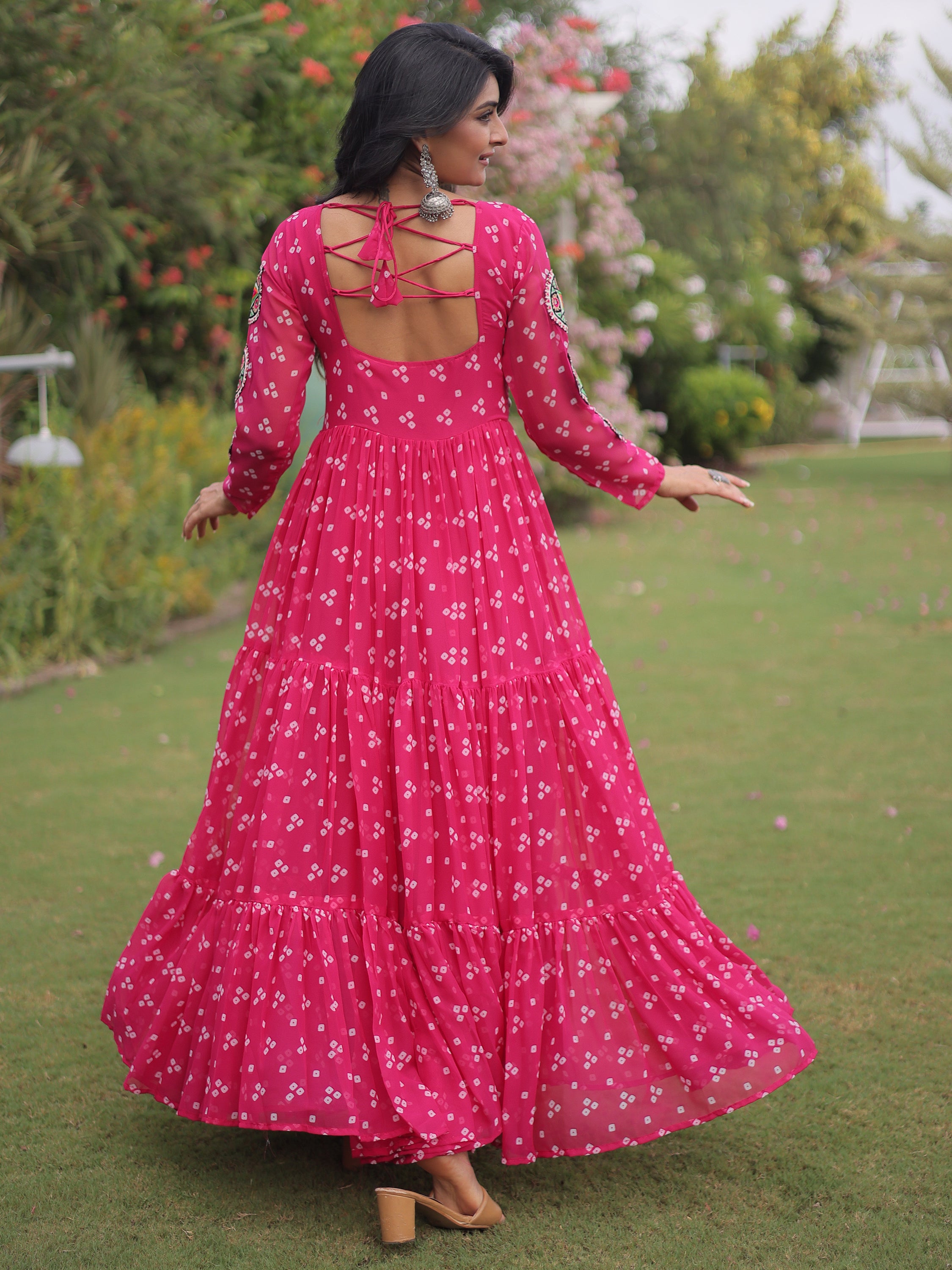 Wonderful Rani Pink Kutchi Work Georgette Navratri Wear Gown
