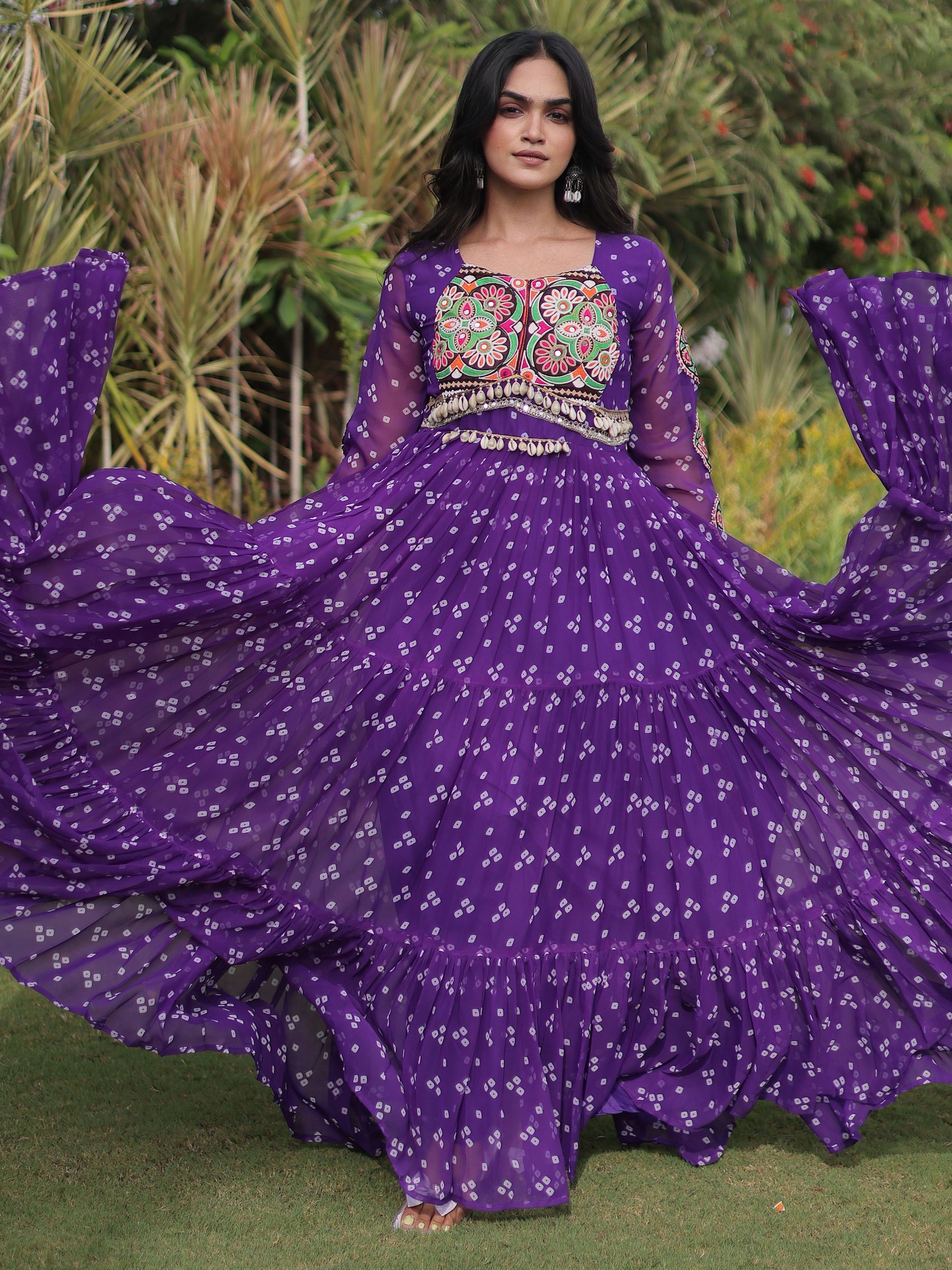 Amazeballs Purple Bandhani Printed Georgette Navratri Wear Gown