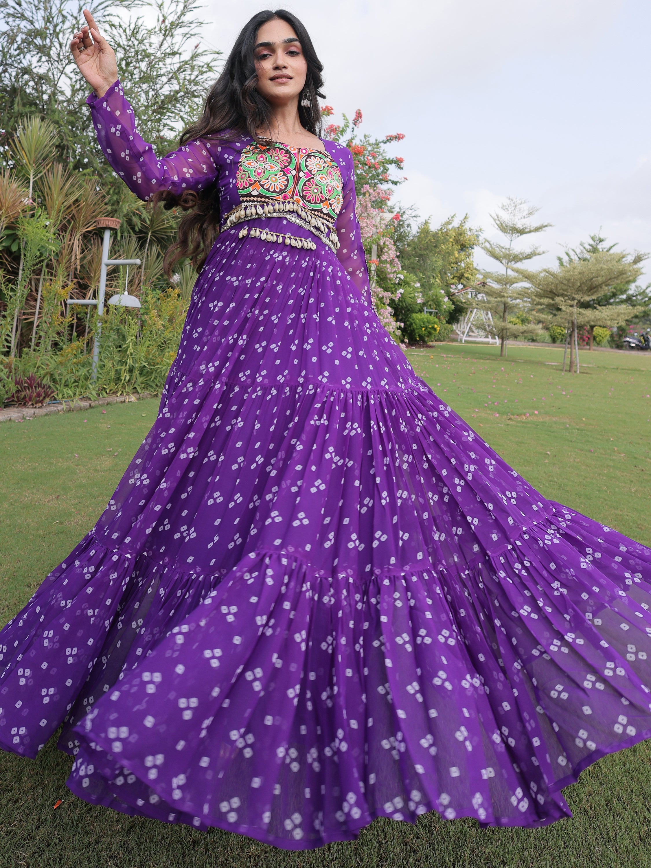 Amazeballs Purple Bandhani Printed Georgette Navratri Wear Gown