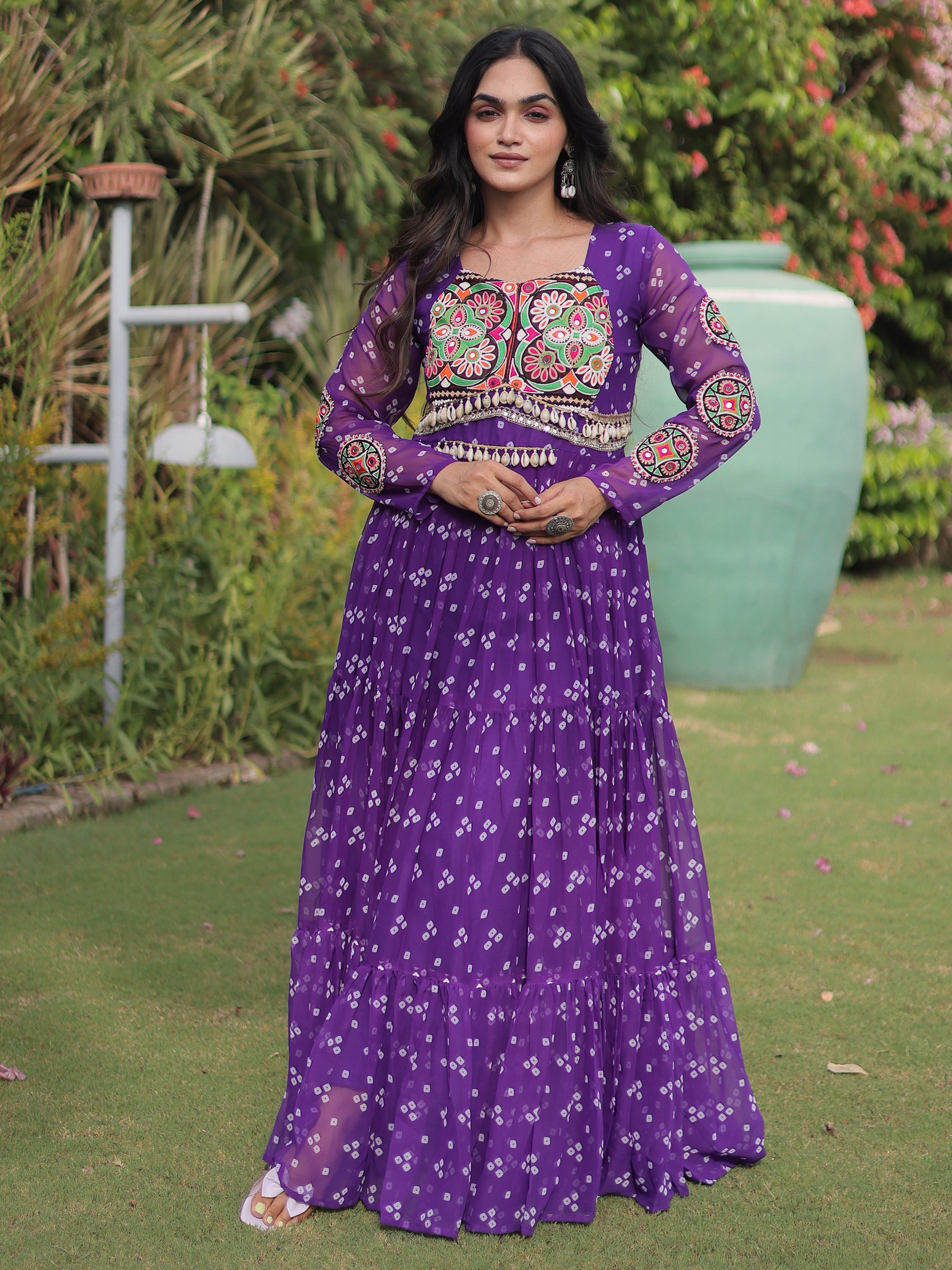 Amazeballs Purple Bandhani Printed Georgette Navratri Wear Gown