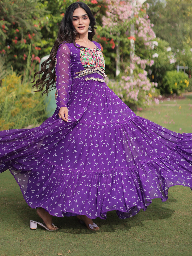 Amazeballs Purple Bandhani Printed Georgette Navratri Wear Gown