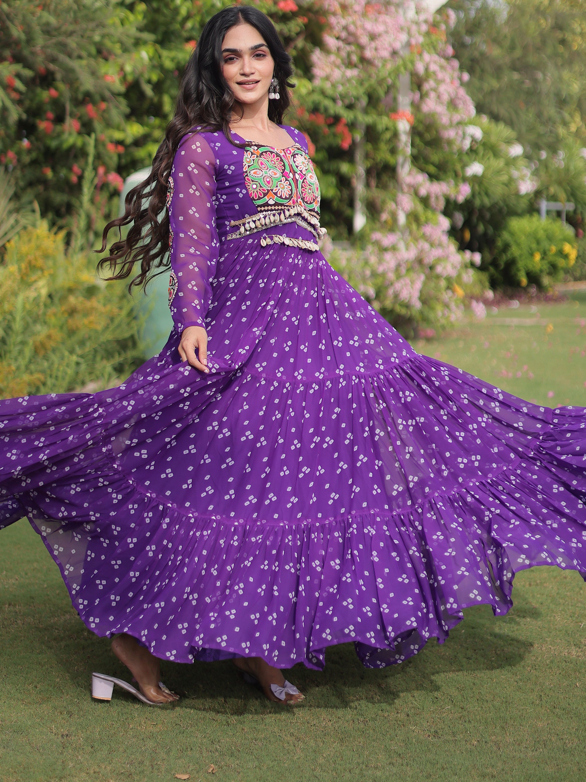 Amazeballs Purple Bandhani Printed Georgette Navratri Wear Gown
