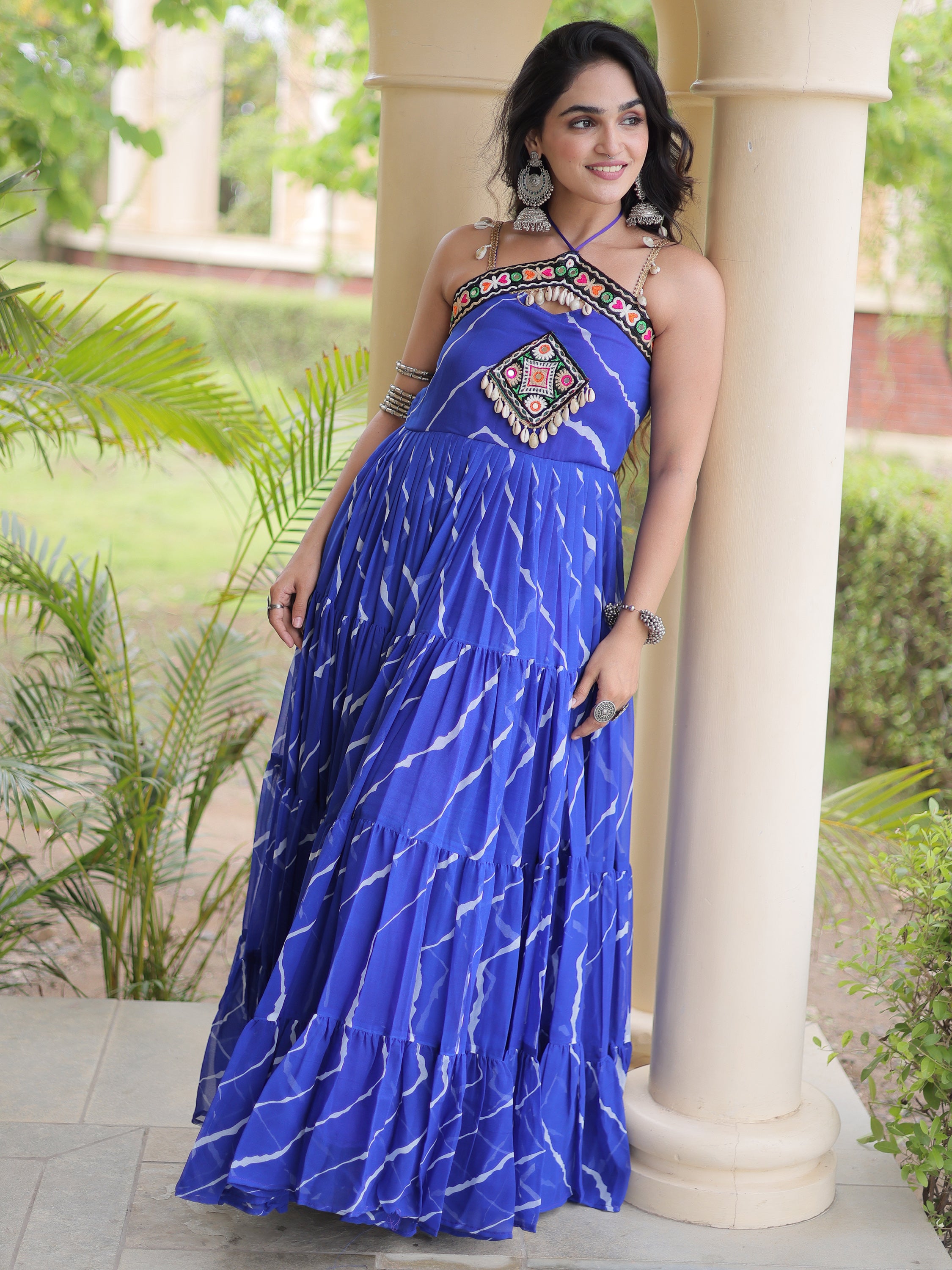 Fabulous Royal Blue Laheriya Printed Georgette Navratri Wear Gowna