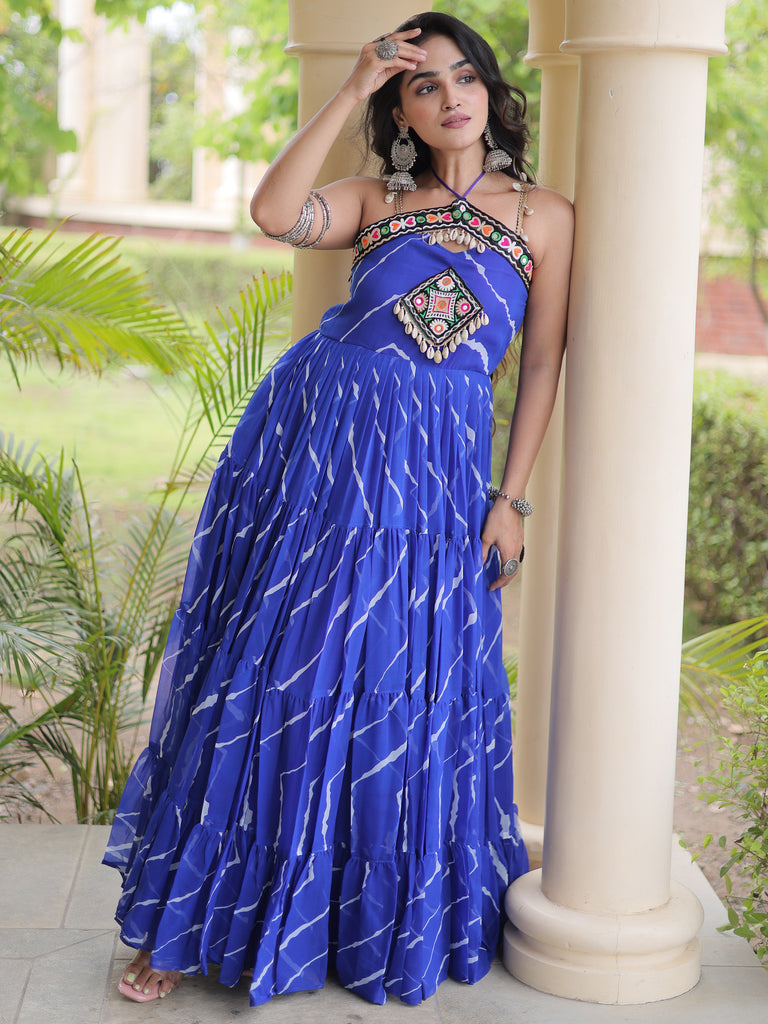 Fabulous Royal Blue Laheriya Printed Georgette Navratri Wear Gowna